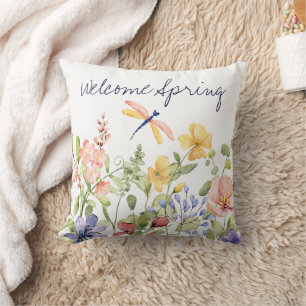 Coussin Bienvenue au Printemps avec Fleurs Sauvages et Lib