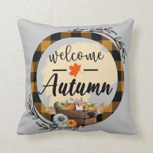 Coussin Bienvenue Automne Citrouille Coton Vintage 16"X16