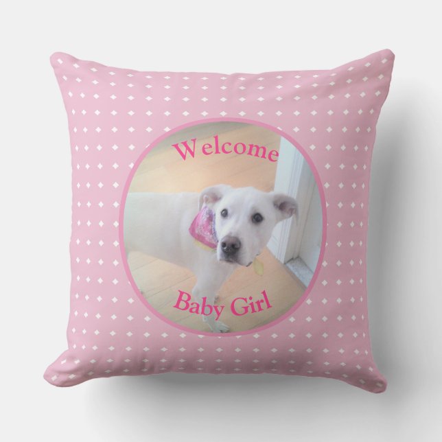 Coussin Bienvenue Bébé Fille Photo de Chiot Blanc Mignon C (Recto)