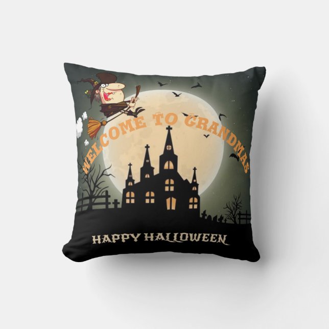 Coussin Bienvenue chez grand-mère, sorcière d'Halloween (Recto)