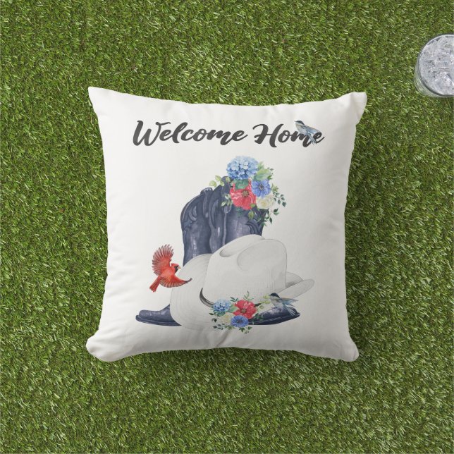 Coussin Bienvenue chez vous avec bottes/bonnet de cowboy e (Herbe)