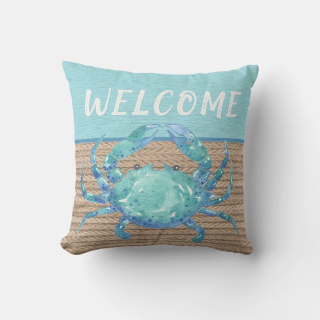 Coussin Bienvenue Corde d'aquarelle de crabe bleu Turquois (Recto)