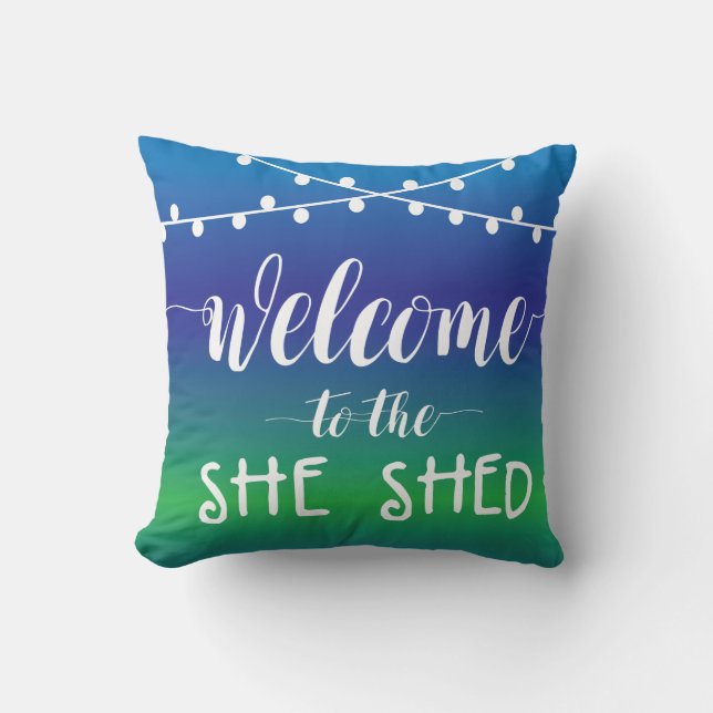 Coussin Bienvenue dans le Shed Elle avec des lampes à cord (Recto)
