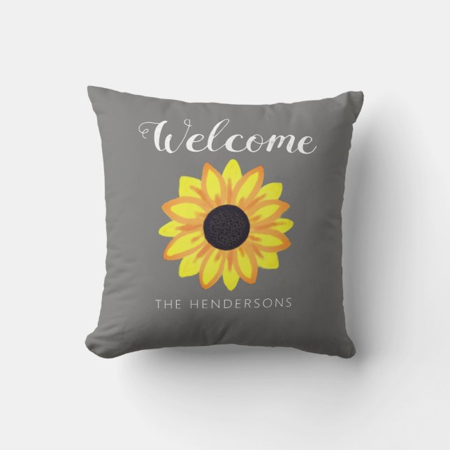 Coussin Bienvenue Fleur de soleil jaune Fleur de gris Nom  (Recto)