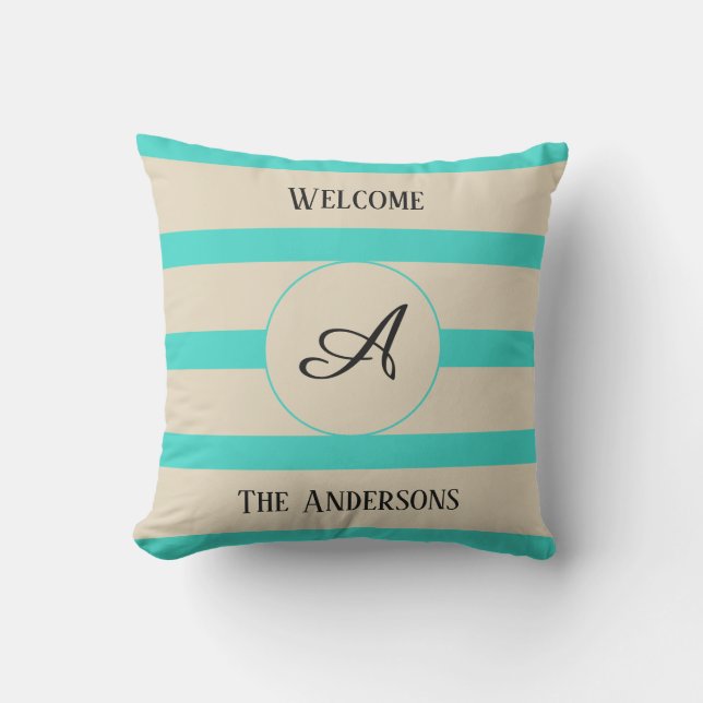Coussin Bienvenue Monogramme Nom de famille Turquoise Stri (Recto)