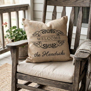 Coussin Bienvenue personnalisé fausse jute vintage élégant