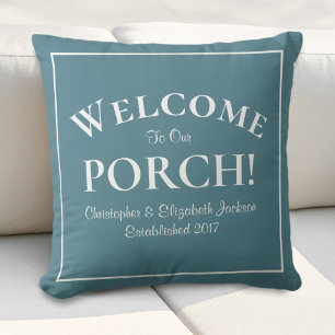 Coussin Bienvenue Porche Personnalisé Famille Sarcelle & B