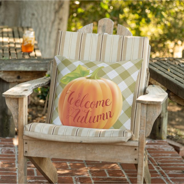 Coussin Bienvenue Récolte d'Automne Citrouille sur Gingham (Chaise)