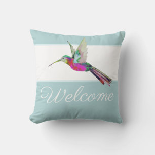 Coussin Bienvenue Script Hummingbird couleur aquarelle