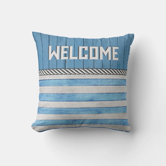 Coussin Bienvenue sur Blue Wood et Stripes (Recto)