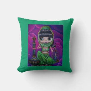 Coussin Big Eye Green Genie Girl et bouteille magique