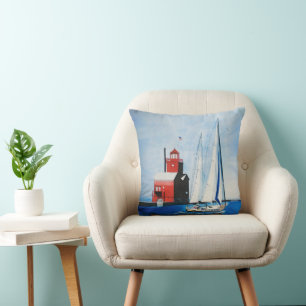 Coussin Big Red Michigan Lighthouse and Sailboat