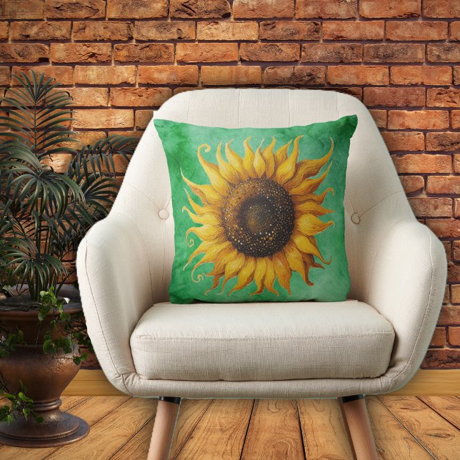 Coussin Big Yellow Sunflower Ornate Petals Shades of Green (Big yellow brown sunflower ornate petals on shades of green decorative indoor pillow.)