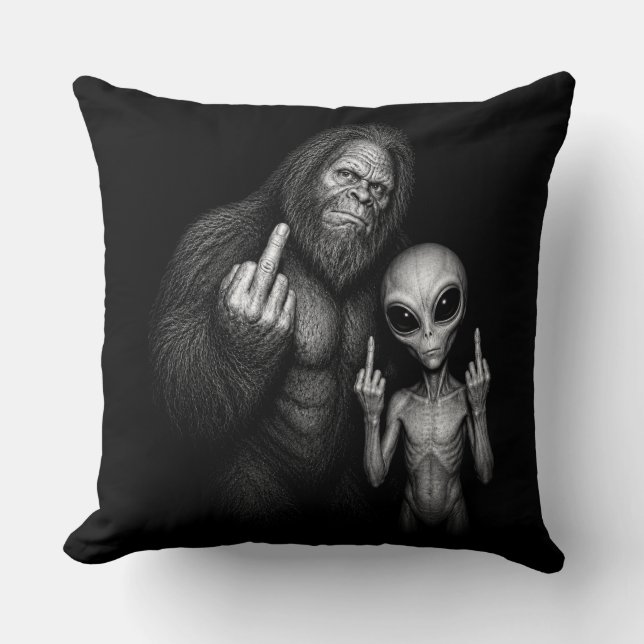 Coussin Bigfoot Sasquatch Extraterrestre Doigt D'honneur (Recto)