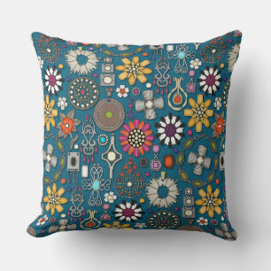 Coussin bijou boho trésors paon bleu