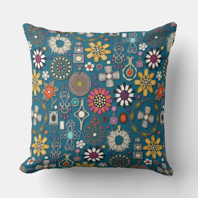 Coussin bijou boho trésors paon bleu (Recto)