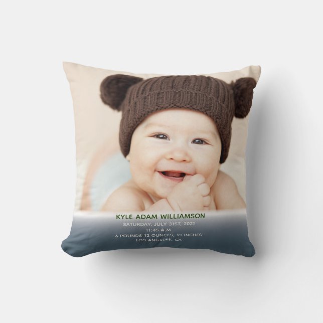Coussin Bilan de naissance du bébé Statistiques Bleu Photo (Recto)