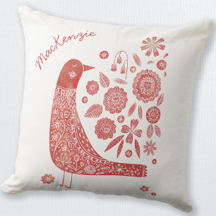 Coussin Bird Scandinave Rouge Blanc Personnalisé