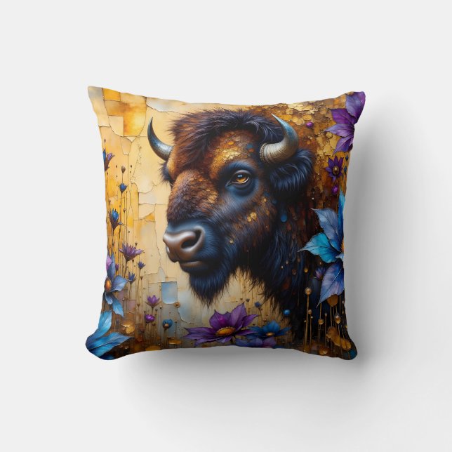 Coussin Bison américain dans un portrait de fleur texturée (Recto)