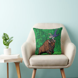 Coussin Bison de style Pop Art lançant un homme en demi-te