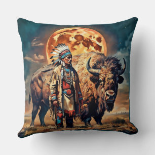 Coussin Bison et chef amérindien