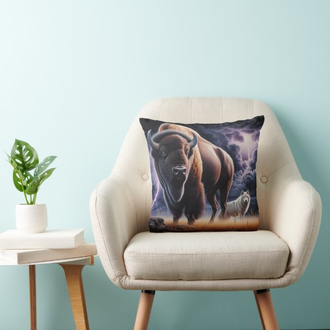 Coussin Bison et loup dans un orage avec éclair  (Chaise)