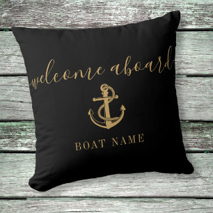 Coussin Black And Gold Anchor Boat Name Welcome Aboard