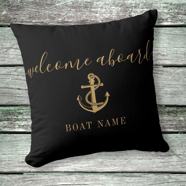 Coussin Black And Gold Anchor Boat Name Welcome Aboard (Créateur téléchargé)
