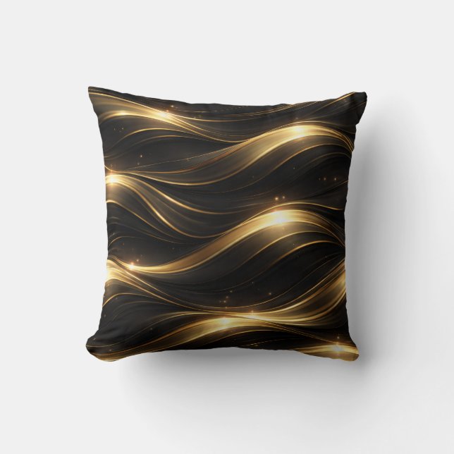 Coussin Black and Gold Fluid Wave Pattern Throw Pillow (Recto)
