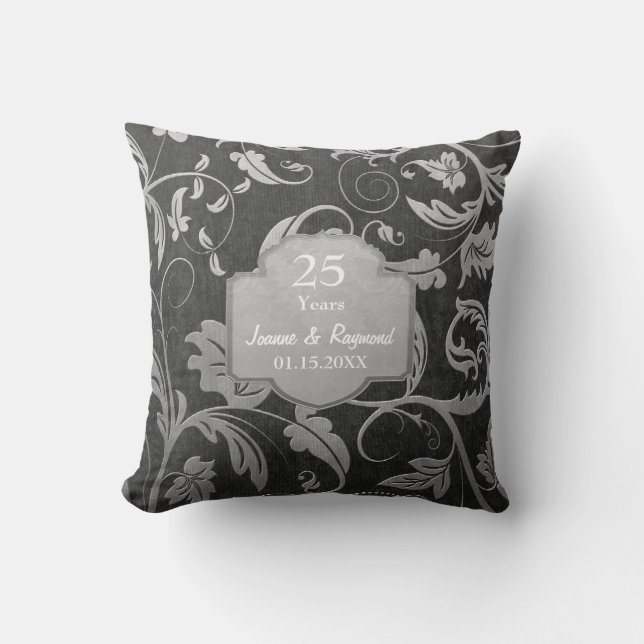 Coussin Black and Silver Damask 25e anniversaire de Mariag (Recto)