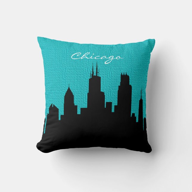 Coussin Black and Turquoise Burlap Chicago Skyline Imprime (Recto)