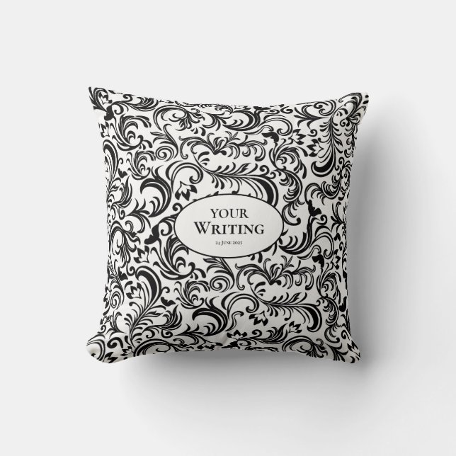 Coussin Black and White Damask Pattern Custom Wedding (Recto)