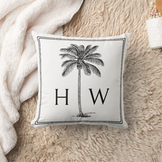 Coussin Black and White Palm Palmetto Tree Monogram (Couverture)