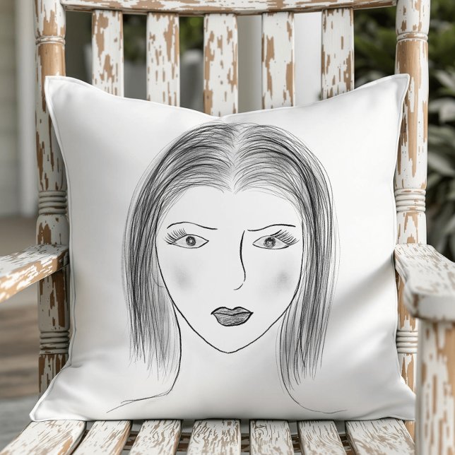 Coussin Black and White Woman Face Sketch (Créateur téléchargé)