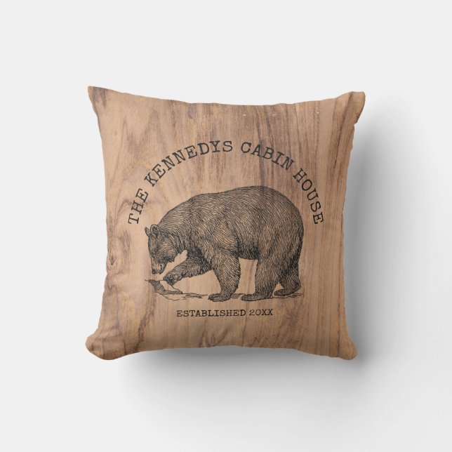 Coussin Black Bear Rustic Wood Nom de famille Cabine chale (Recto)
