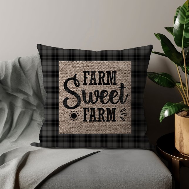 Coussin Black Blanc À damiers ferme Sweet Farm Burlap (Black checkered and burlap "Farm sweet farm" decorator pillow)