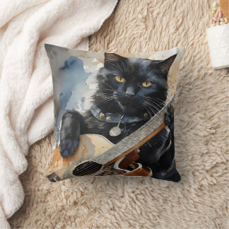 Coussin Black Cat Rock Star Jouer Guitare Acoustique
