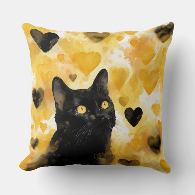 Coussin Black Cat with Gold and Black Hearts (Recto)
