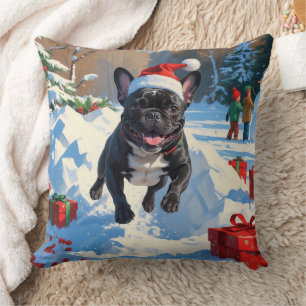 Coussin Black French Bulldog Festive de Noël Scène de neig