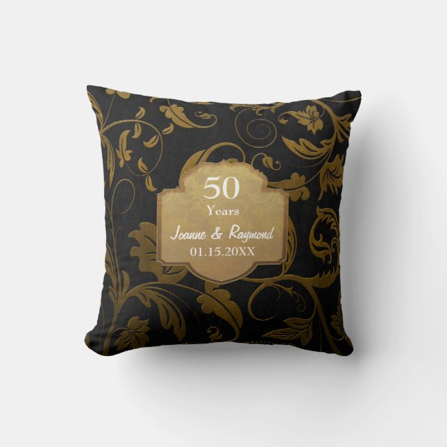 Coussin Black & Gold Damask 50e anniversaire de Mariage 2c (Recto)