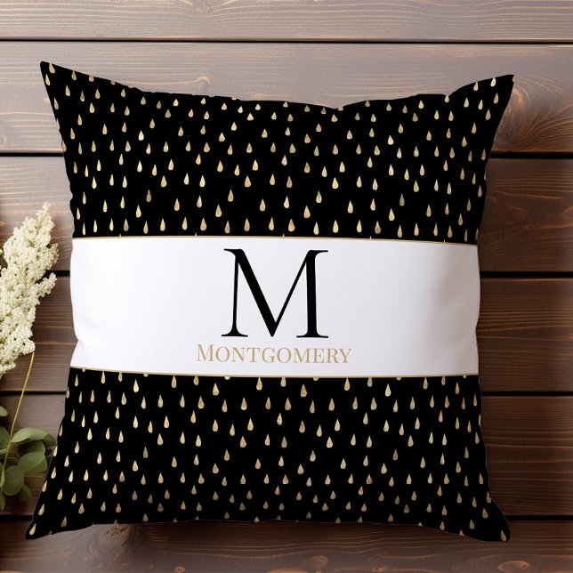 Coussin Black Gold Raindrop Moderne Monogramme tendance (Créateur téléchargé)