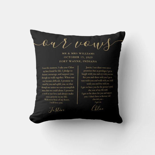 Coussin Black Gold Script Son et ses photos Mariage Vows (Recto)