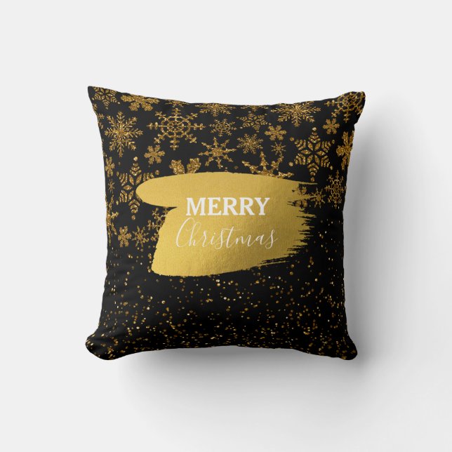 Coussin Black & Gold Snowflakes Étoiles Joyeux Noël (Recto)
