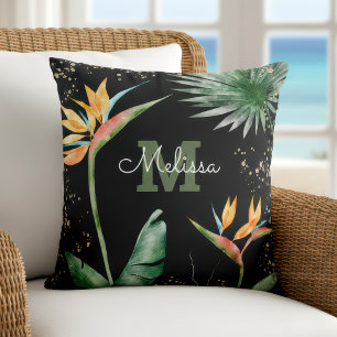 Coussin Black Gold Tropical Island Floral Monogramme Scrip