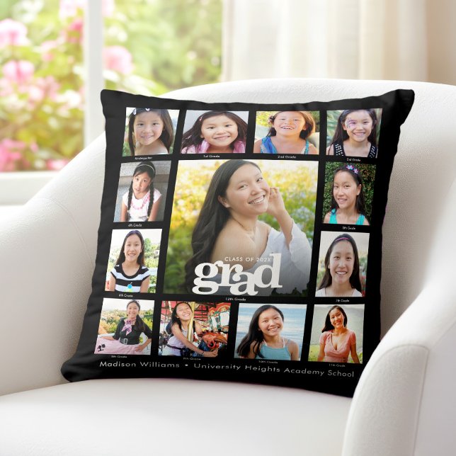 Coussin Black Graduation K-12 Bold Modern Photo Collage (Créateur téléchargé)