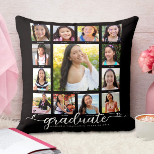 Coussin Black Graduation K-12 Modern Script Photo Collage