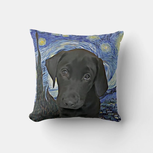 Coussin Black Lab Puppy Starry Night Van Gogh Inspiré  (Recto)