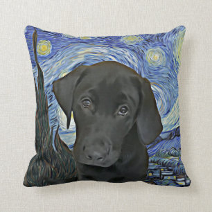 Coussin Black Lab Puppy Starry Night Van Gogh Inspiré