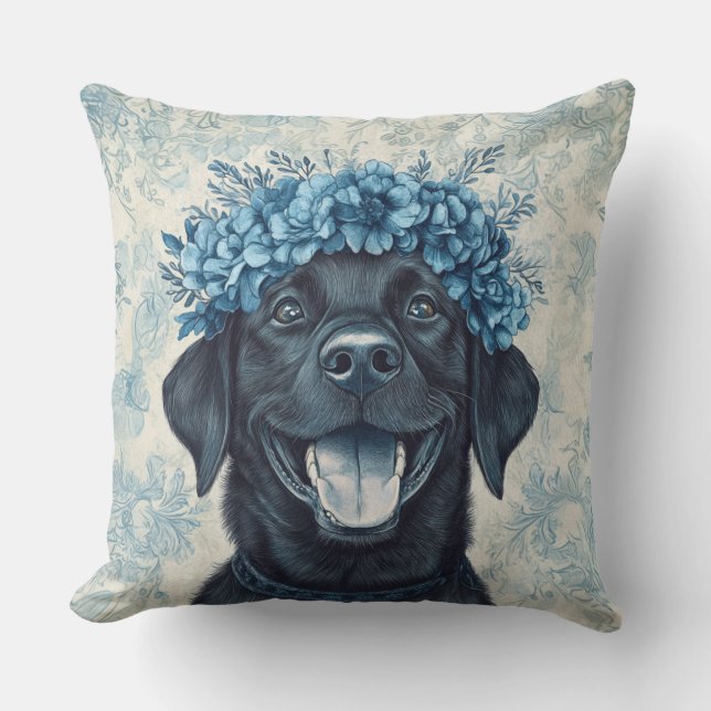 Coussin Black Labrador Retriever Blue Floral (Recto)
