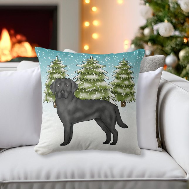 Coussin Black Labrador Retriever Blue Snowy Winter Forest (Créateur téléchargé)